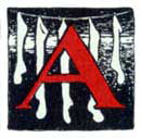 A decorative red letter A on black, bordered by a white pine-bough pattern.