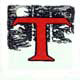 A decorative red letter T on black, bordered by a white pine-bough pattern.