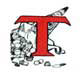 A decorative red letter T on black, with a curling white snow-like swirl beside it.