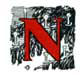A decorative red letter N on black, bordered by a white pine-bough pattern.