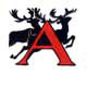 A decorative red letter A on black, framed by pine boughs, with two reindeer figures below.
