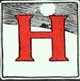 A decorative red letter H on a night sky background, with a pale moon and clouds.
