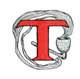 A decorative red letter T encircled by a white swirling ribbon or rope design.