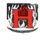 A decorative red letter H bordered by a striped pattern resembling fur trim.