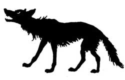 The Wolf stands in profile silhouette, head raised as if howling.