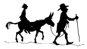 The Miller's son rides a donkey while his father walks alongside with a stick.