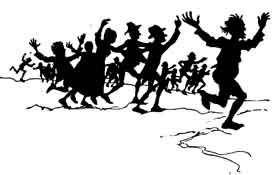 A crowd of villagers run and cheer, laughing at the spectacle.