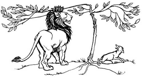 A lion stands roaring beneath a tree while a small fox sits nearby.