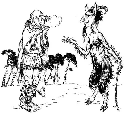 A cloaked man blows on his hands while a horned, goat-legged satyr looks on.