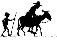 A man rides the donkey while a boy walks alongside, carrying a stick.