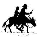 A man and a boy ride together on the donkey's back.
