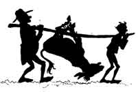 Two men carry the donkey slung upside down from a pole.