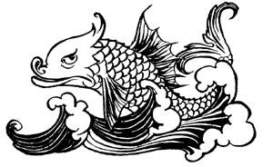 A dolphin, drawn as an ornate scaled fish, leaps from the waves.