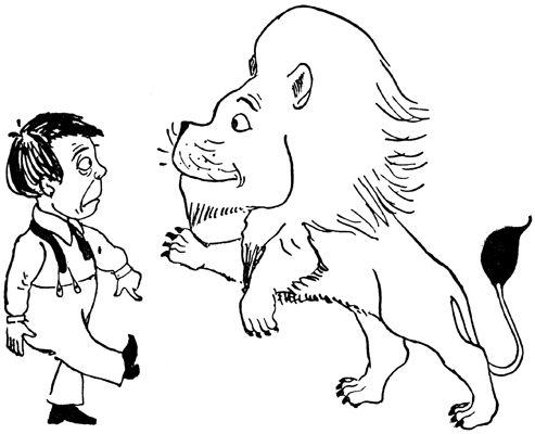 A boy stands close to a large lion, its mouth open in a snarl.