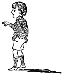 A boy in a striped jacket and tall boots points ahead as he walks.