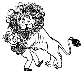 A lion clamps its jaws around Jim and carries him off the ground.