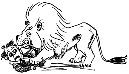 A lion bites down on Jim as he lies helpless on the ground.