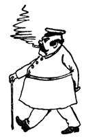 A heavyset keeper walks briskly, puffing smoke from a pipe as he goes.