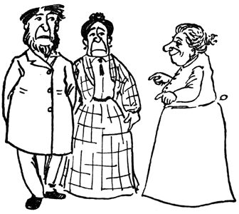 Jim's father, mother, and nurse stand together, one woman smiling and gesturing.