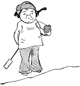 Henry King, a young child, chews on a bit of string while walking.
