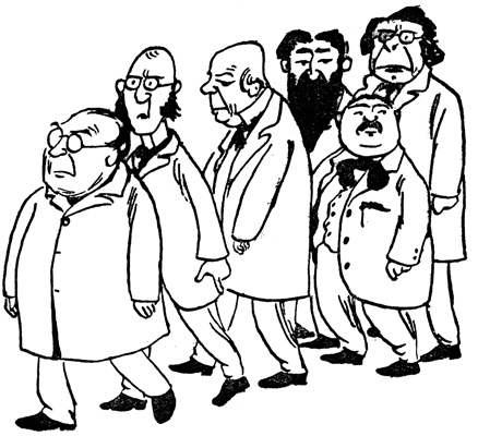 A group of solemn, bespectacled physicians in overcoats walk together in a line.