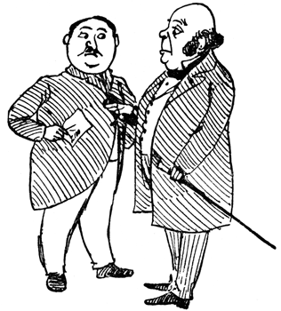 Two men in formal Victorian coats stand talking, one holding a small paper.