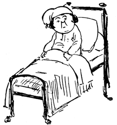 Henry King lies ill in bed, propped up, wearing a nightcap.