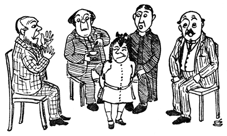 Matilda stands among a group of adults, telling one of her outrageous lies.