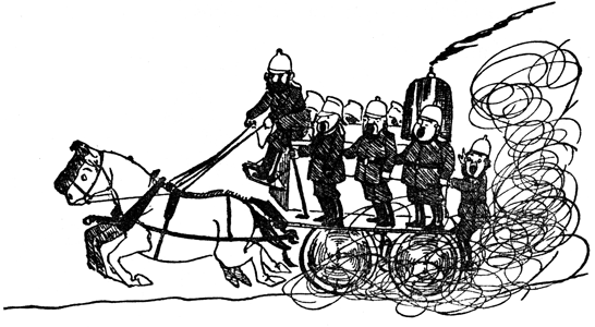 A horse-drawn fire engine gallops along, helmeted firemen holding on tight.