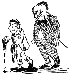 A tall man grabs a mud-covered boy by the chin, scolding him.