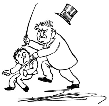 A man swings a stick at a stumbling boy, his hat flying off.