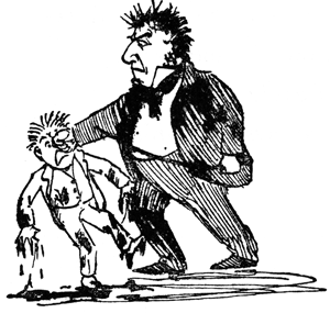 A scowling man grips a mud-splattered boy tightly by the collar.