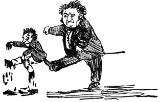 A man kicks a small boy, who flies through the air trailing mud.
