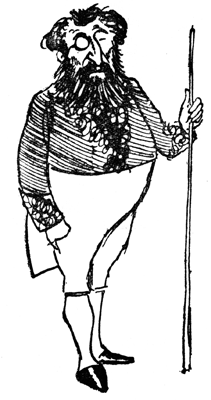 The bearded, monocled Lord High Chamberlain stands holding a tall walking stick.