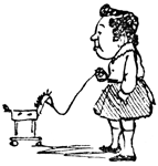 A little girl in a pinafore pulls a small wheeled toy animal on a string.