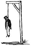 A grim gallows shows a man hanging by the neck from a noose.