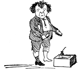 Godolphin Horne stands scruffy and sulky beside a shoe-shine box.