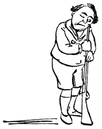 Algernon stoops over, holding a large gun almost as big as himself.