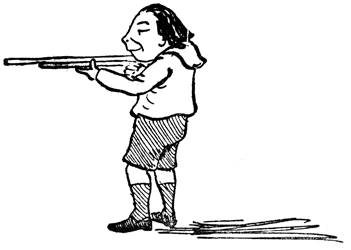 Algernon aims a long gun straight out in front of him.