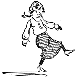 A startled woman stumbles sideways, dodging out of the way in alarm.