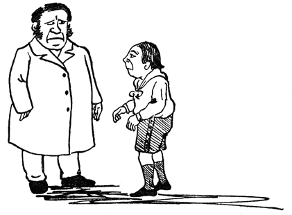 Hildebrand looks up and talks to his tall father, Papa, standing beside him.