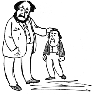 Papa rests a hand on Hildebrand's head, reassuring the sulky boy.