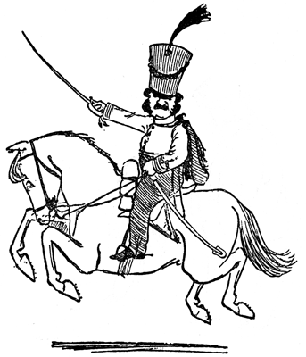 A mustachioed cavalry officer with a raised sword rides a rearing horse.