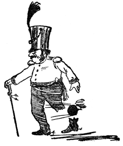 An old soldier leans on a cane, a dark shape and boot at his feet.