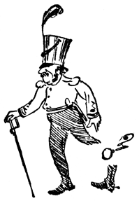 An old soldier leans on a cane beside a fallen boot and monocle.