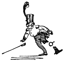 A man in a top hat bends forward as his hat flies off.