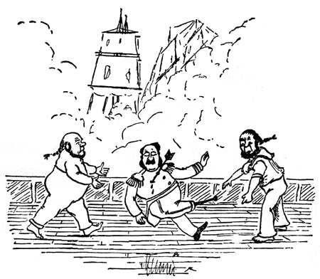 Three men in Chinese dress scuffle on a jetty by a crumbling tower.