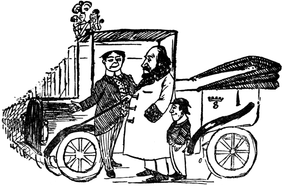 A gentleman and a chauffeur stand beside a large motor car with a boy.