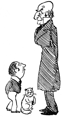 Young Lord Lundy cries beside a cat as his grandfather looms sternly over him.