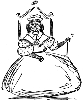 An elderly woman in an ornate gown sits in a high-backed chair with a cane.